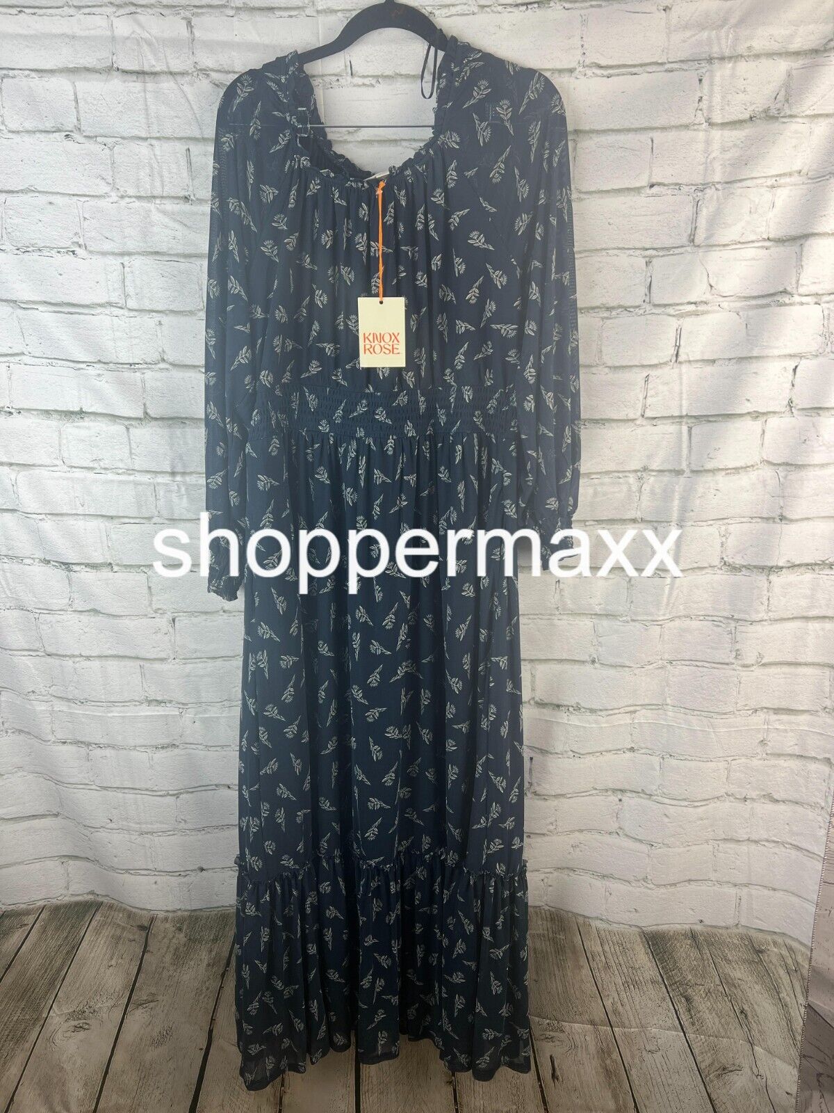 Women's Long Sleeve, A-Line Maxi Dress , Knox Rose, Blue, Floral, Large