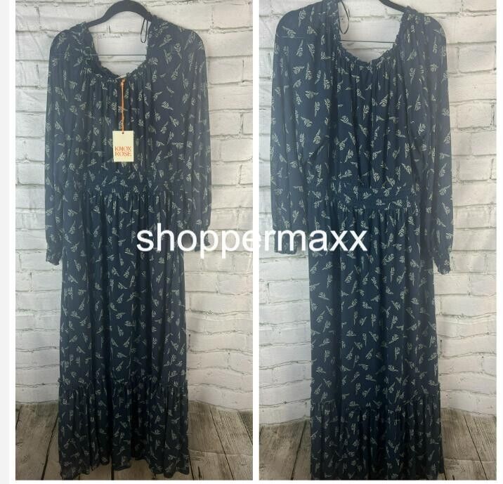Women's Long Sleeve, A-Line Maxi Dress , Knox Rose, Blue, Floral, Large