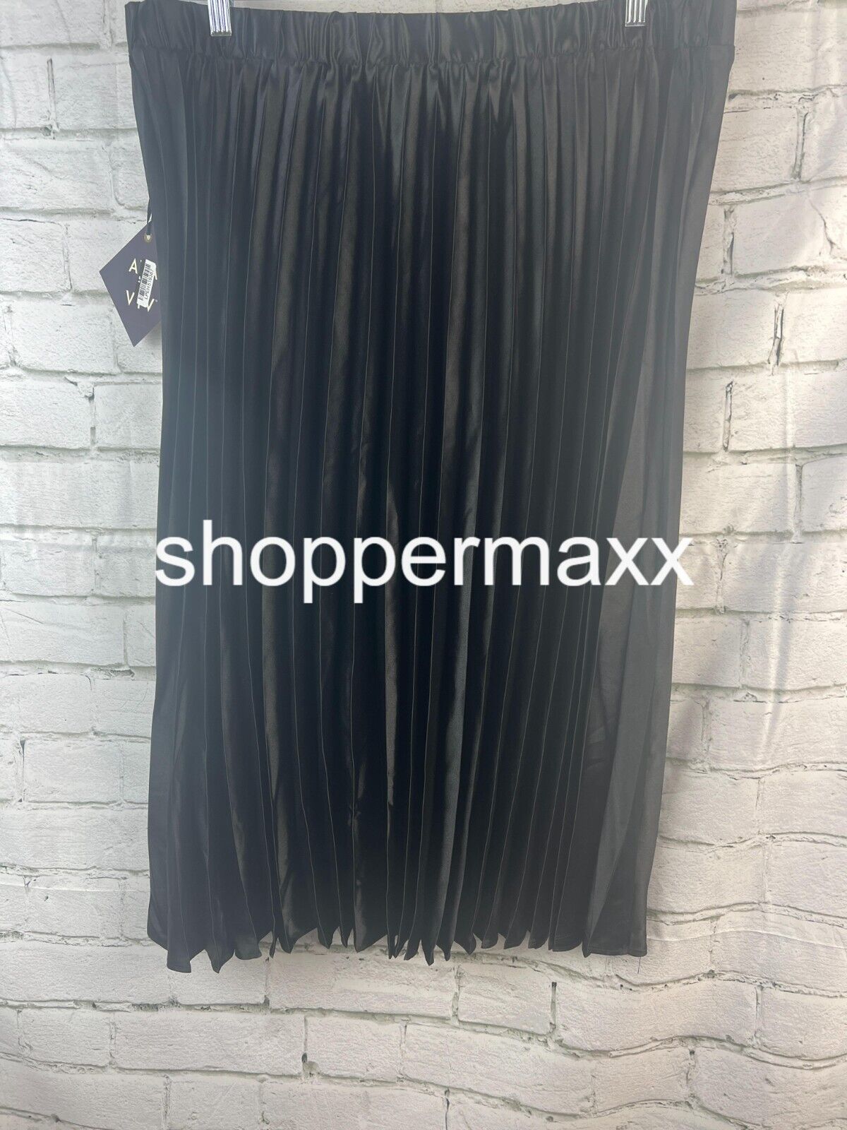 Women's Pleated, Satin Midi, A-Line Skirt - Ava & Viv, Back Elastic, Black, XXL