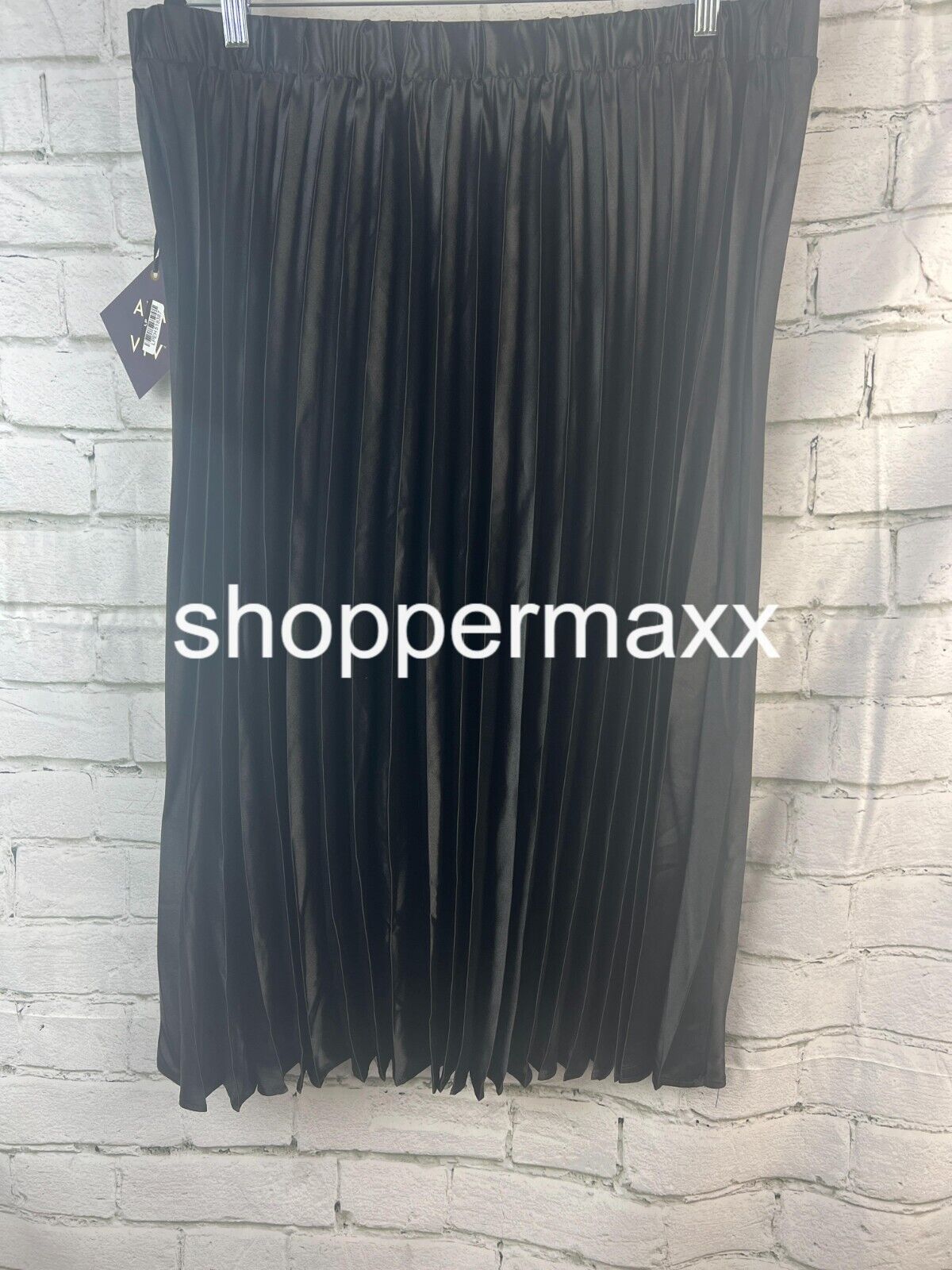 Women's Pleated, Satin Midi, A-Line Skirt - Ava & Viv, Back Elastic, Black, XXL