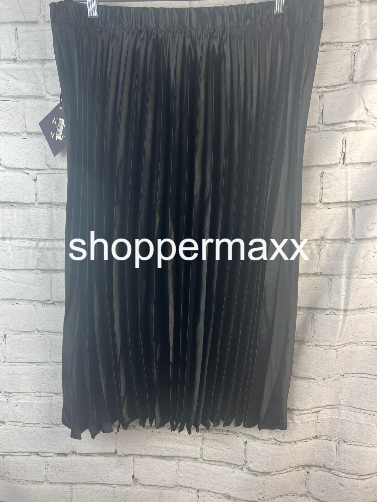 Women's Pleated, Satin Midi, A-Line Skirt - Ava & Viv, Back Elastic, Black, XXL