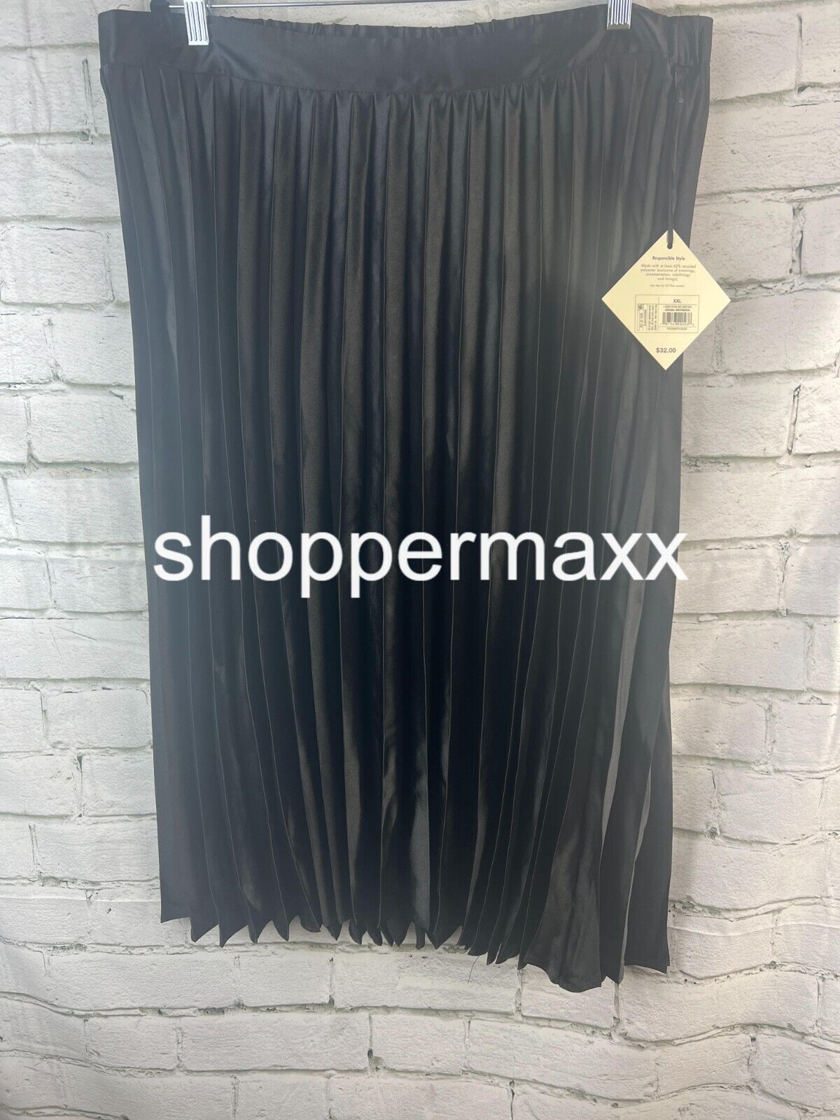 Women's Pleated, Satin Midi, A-Line Skirt - Ava & Viv, Back Elastic, Black, XXL
