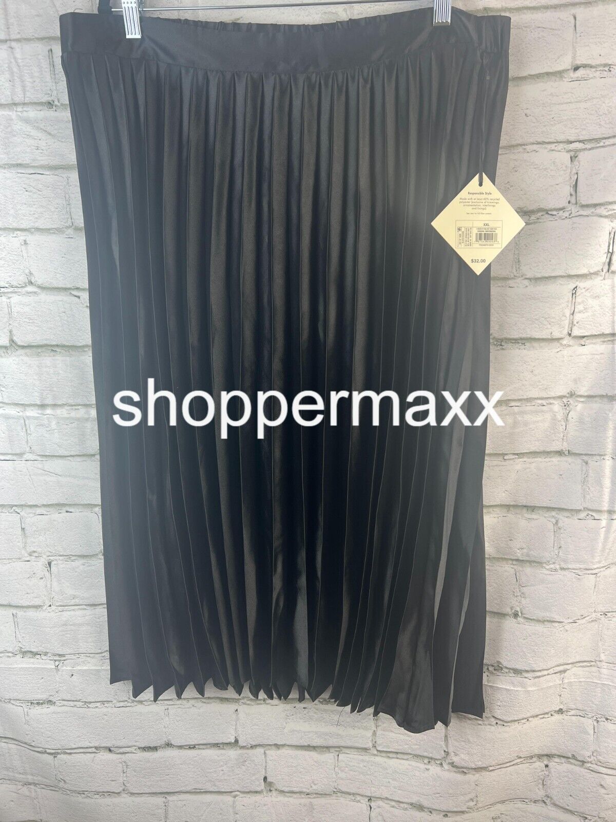 Women's Pleated, Satin Midi, A-Line Skirt - Ava & Viv, Back Elastic, Black, XXL