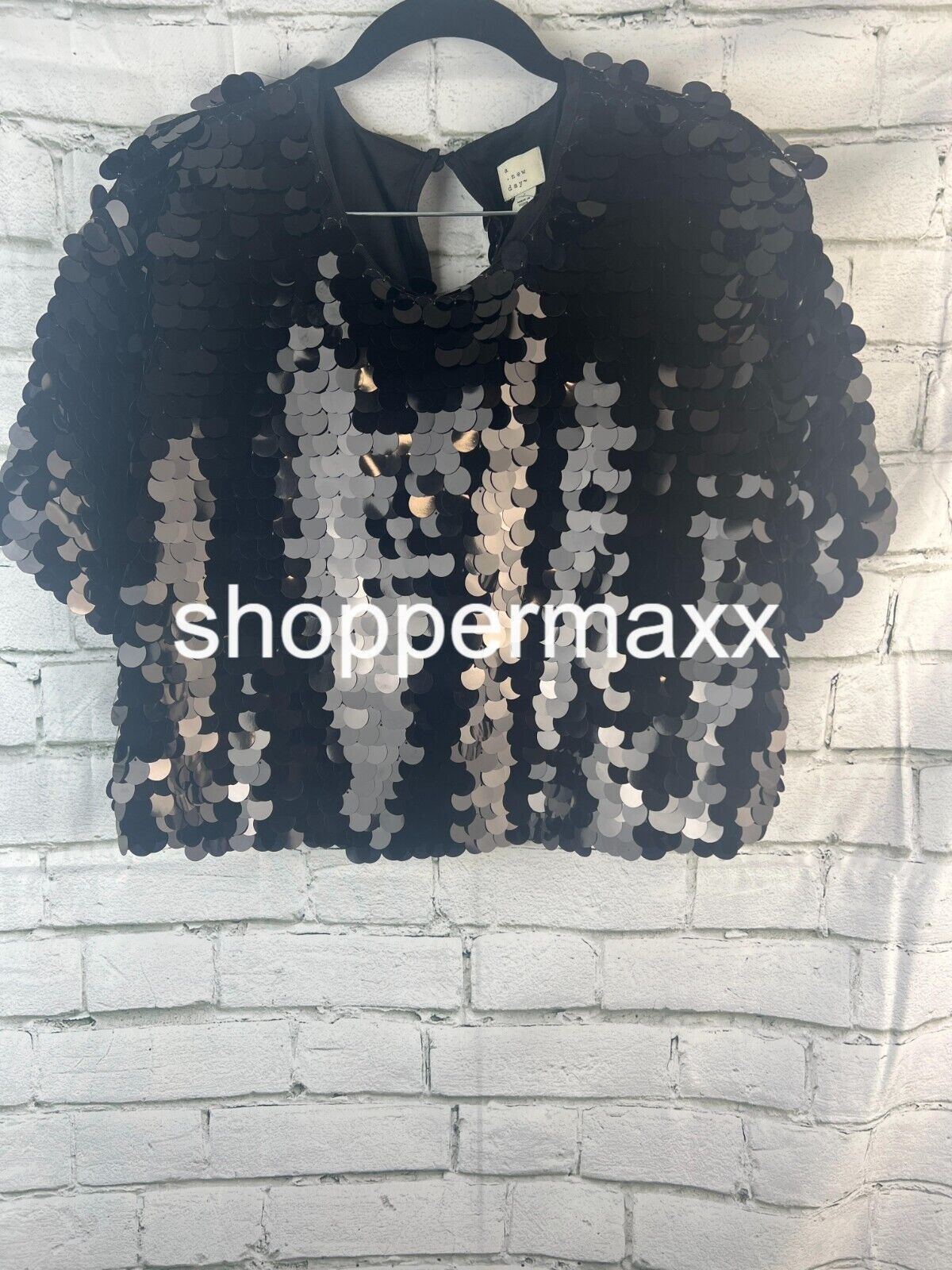 Women's Short Sleeve Paillettes - A New Day, Stretchy Fabric, Black, Size Large
