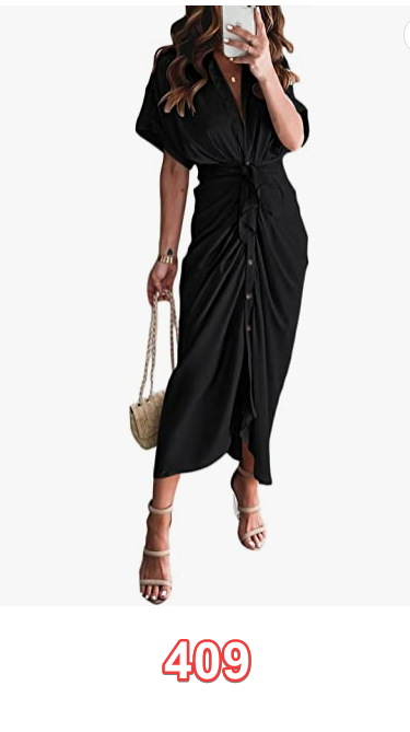 AOHITE Womens V Neck Satin Button Down Short Sleeve Maxi Shirt Dress with Belt M