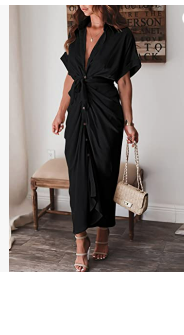 AOHITE Womens V Neck Satin Button Down Short Sleeve Maxi Shirt Dress with Belt M