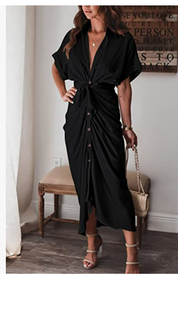 AOHITE Womens V Neck Satin Button Down Short Sleeve Maxi Shirt Dress with Belt M
