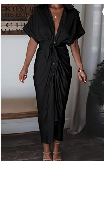 AOHITE Womens V Neck Satin Button Down Short Sleeve Maxi Shirt Dress with Belt M