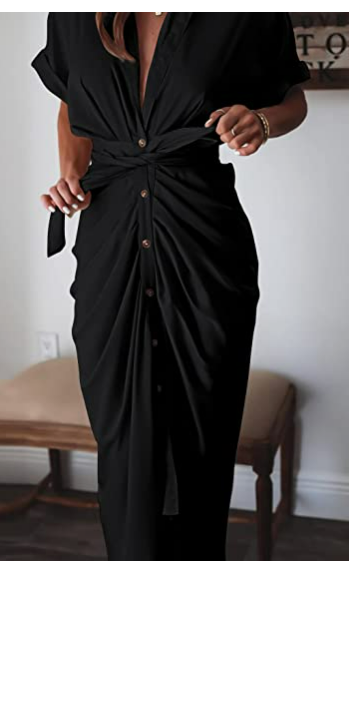 AOHITE Womens V Neck Satin Button Down Short Sleeve Maxi Shirt Dress with Belt M