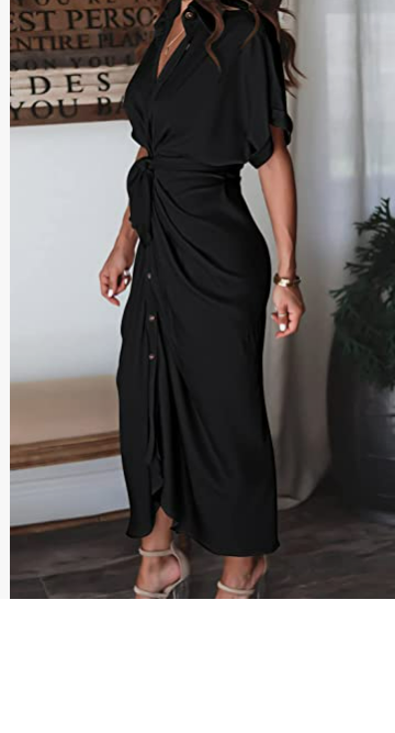 AOHITE Womens V Neck Satin Button Down Short Sleeve Maxi Shirt Dress with Belt M