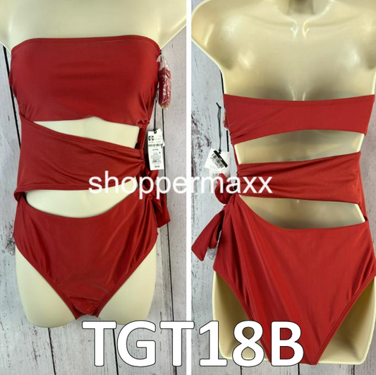 WOMEN'S BANDEAU CUT OUT ONE PIECE SWIMSUIT - SHADE & SHORE, RED, Size Small
