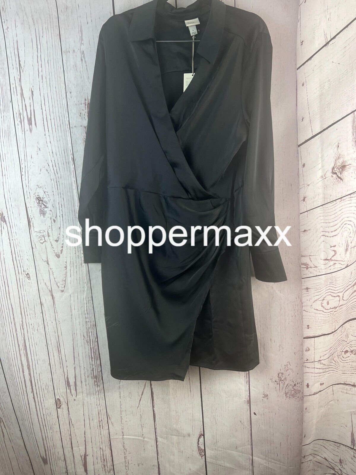 Women's Long Sleeve Satin Shirtdress- A New Day, Black, Size Large
