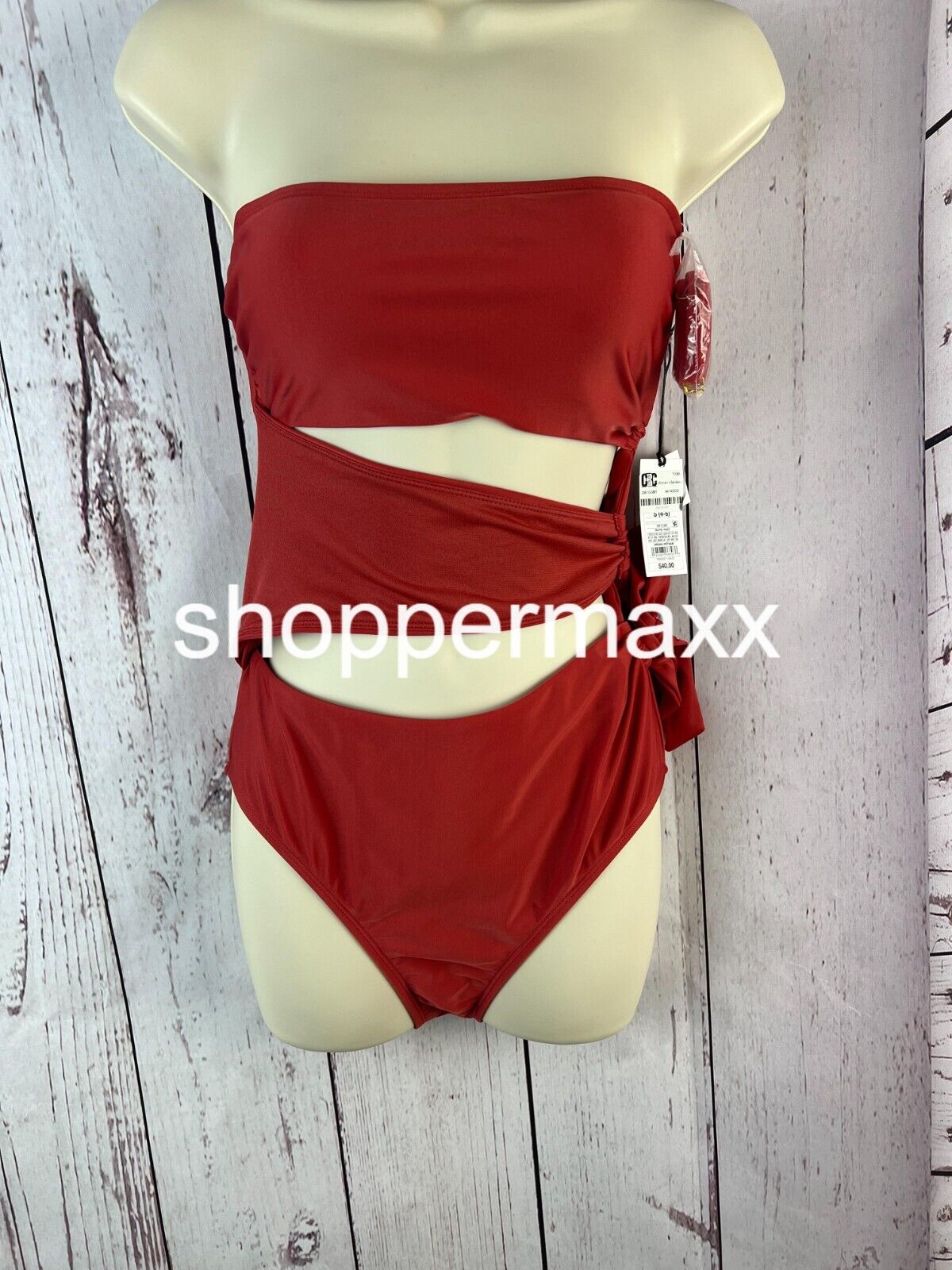 WOMEN'S BANDEAU CUT OUT ONE PIECE SWIMSUIT - SHADE & SHORE, RED, Size Small
