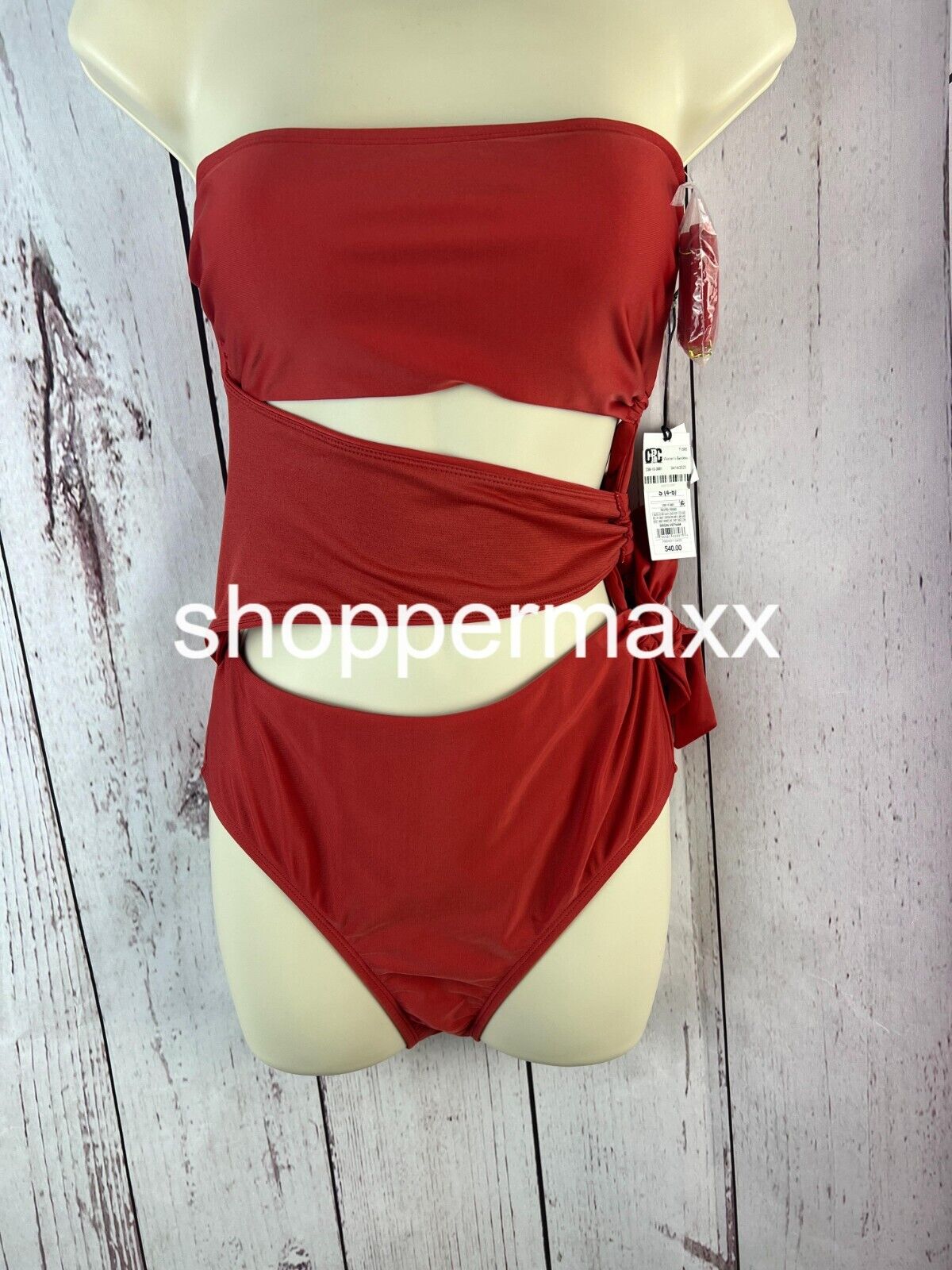 WOMEN'S BANDEAU CUT OUT ONE PIECE SWIMSUIT - SHADE & SHORE, RED, Size Small