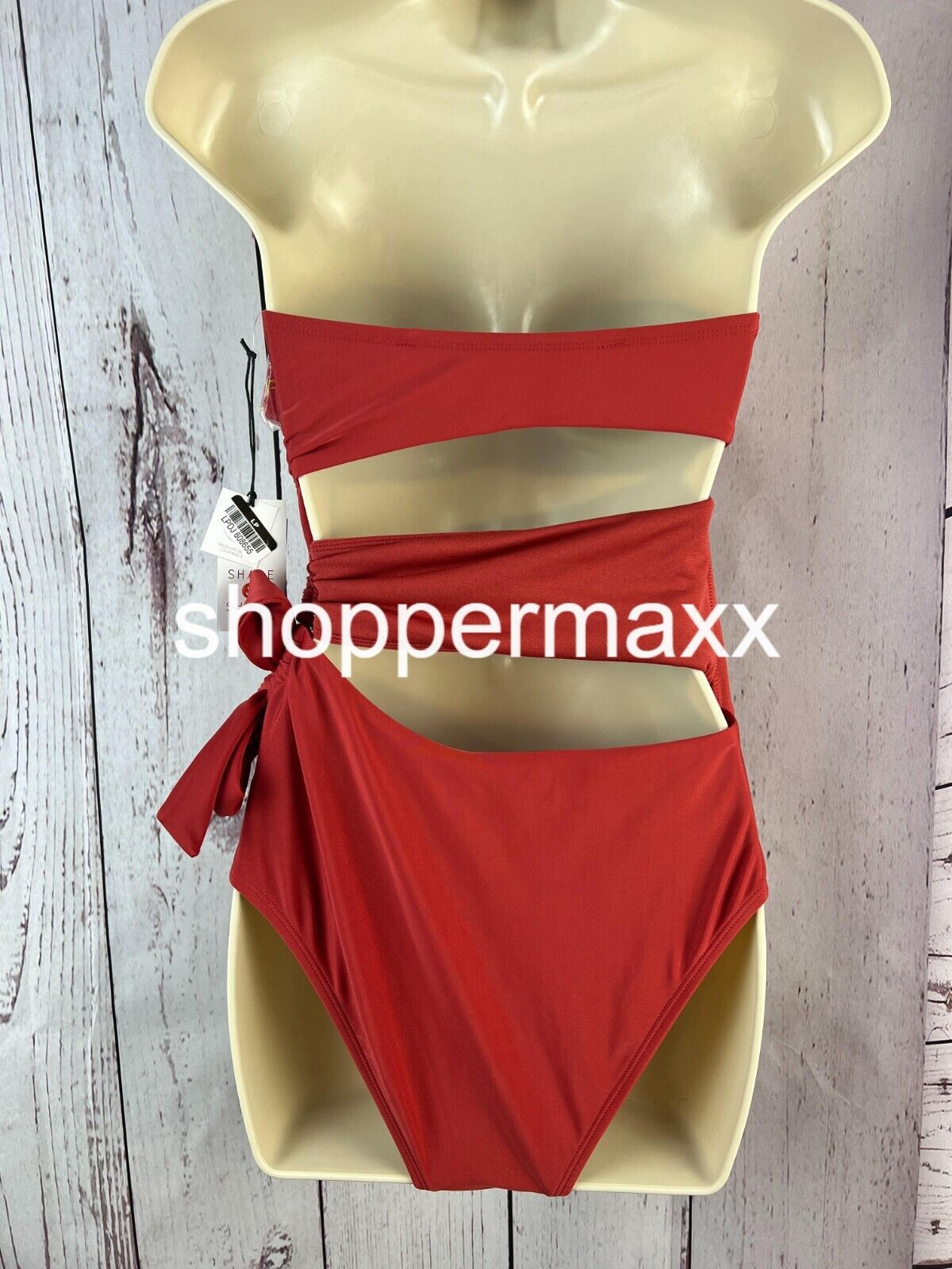 WOMEN'S BANDEAU CUT OUT ONE PIECE SWIMSUIT - SHADE & SHORE, RED, Size Small