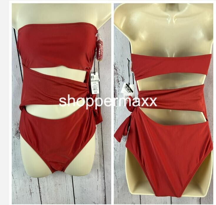 WOMEN'S BANDEAU CUT OUT ONE PIECE SWIMSUIT - SHADE & SHORE, RED, Size Small