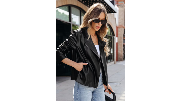 CUPSHE Women's Faux Leather Zip-Up Moto Jacket, BLACK, Size Small