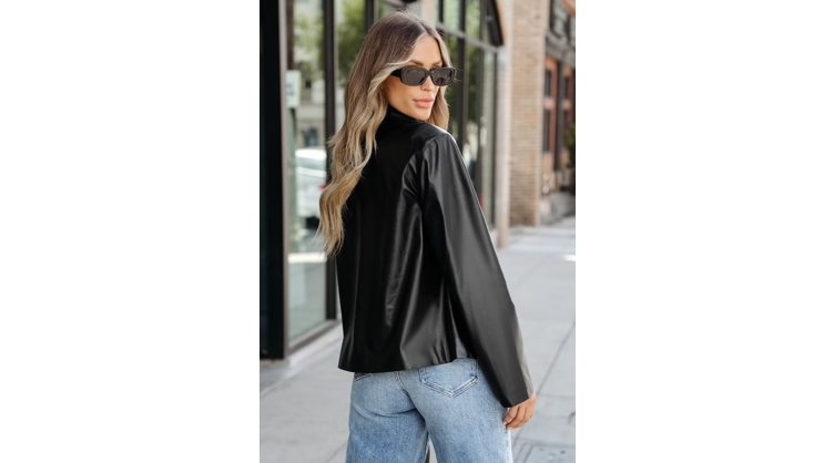 CUPSHE Women's Faux Leather Zip-Up Moto Jacket, BLACK, Size Small
