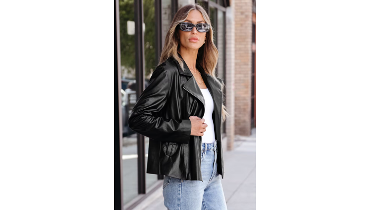 CUPSHE Women's Faux Leather Zip-Up Moto Jacket, BLACK, Size Small