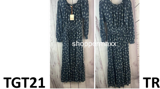 Women's Long Sleeve A-Line Maxi Dress - Knox Rose, Blue Floral, Size X-Small