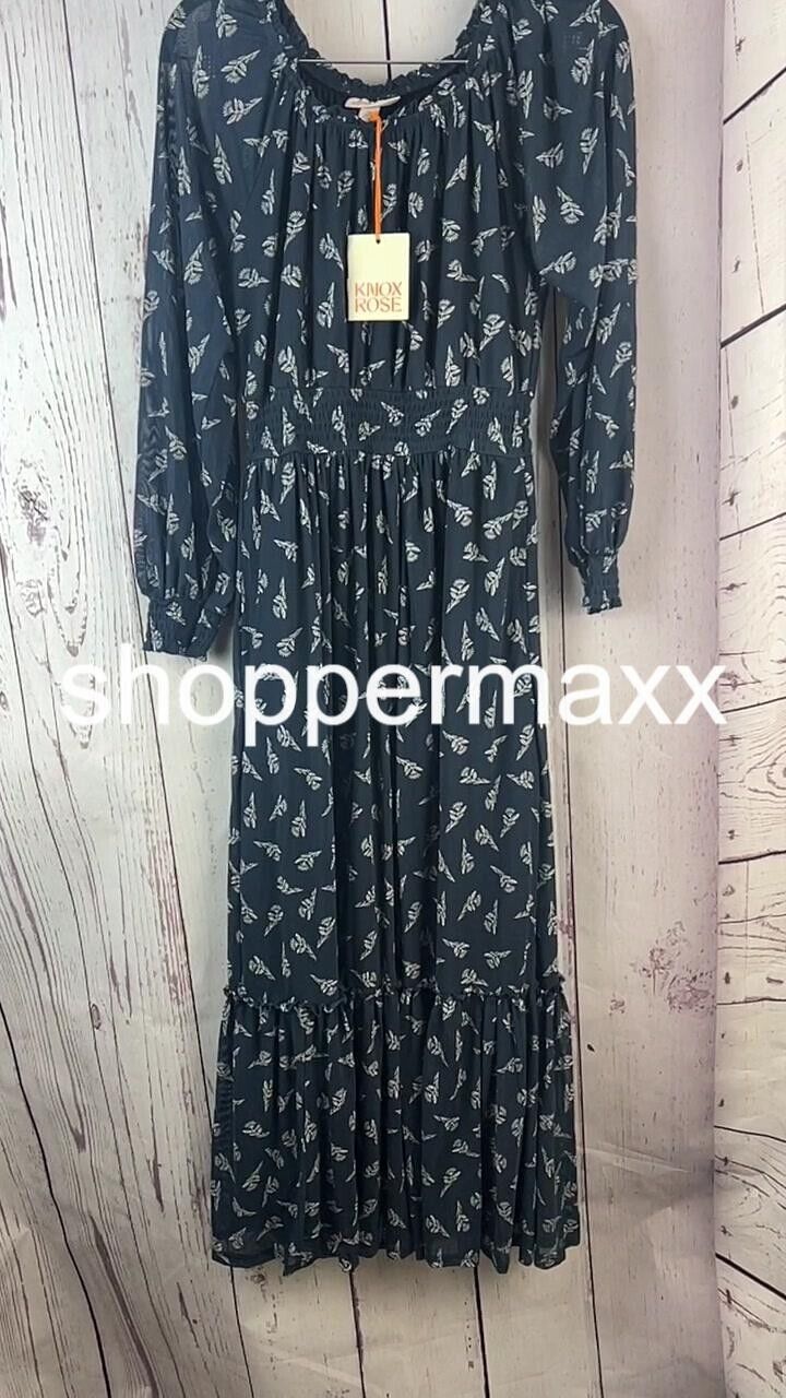 Women's Long Sleeve A-Line Maxi Dress - Knox Rose, Blue Floral, Size X-Small