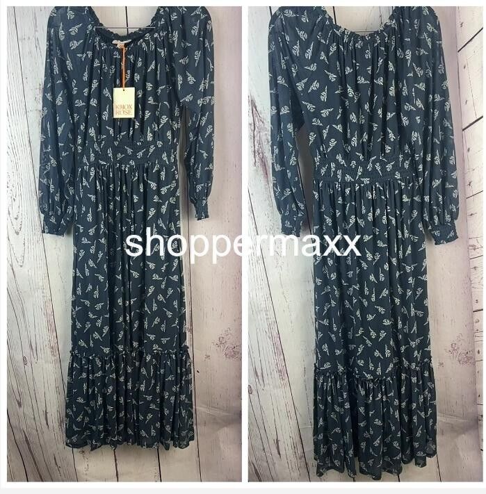 Women's Long Sleeve A-Line Maxi Dress - Knox Rose, Blue Floral, Size X-Small