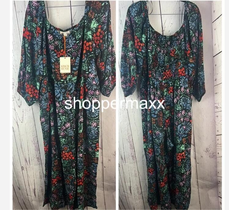 WOMEN'S PUFF 3/4 SLEEVE JUMPSUIT - KNOX ROSE, BLACK FLORAL, SIZE XX-LARGE