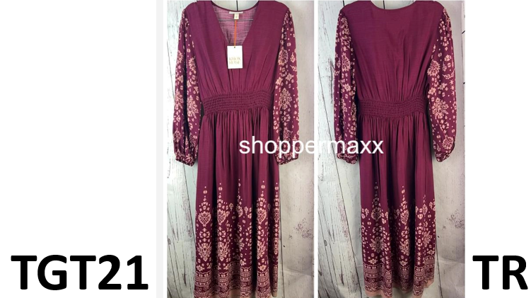 Women's Long Sleeve Smocked Maxi Dress- Knox Rose, Burgundy Floral, Size X-Small
