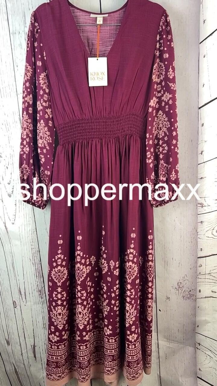 Women's Long Sleeve Smocked Maxi Dress- Knox Rose, Burgundy Floral, Size X-Small