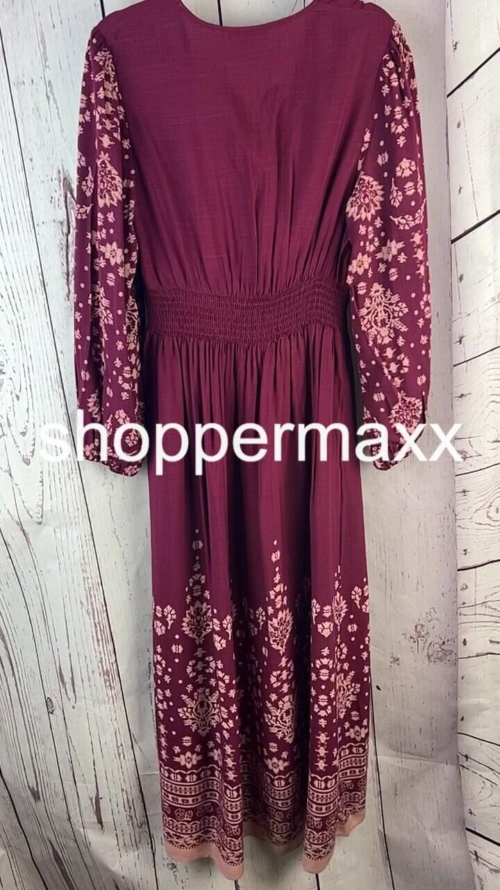 Women's Long Sleeve Smocked Maxi Dress- Knox Rose, Burgundy Floral, Size X-Small
