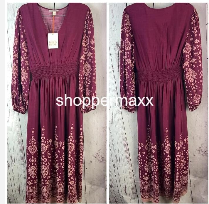 Women's Long Sleeve Smocked Maxi Dress- Knox Rose, Burgundy Floral, Size X-Small