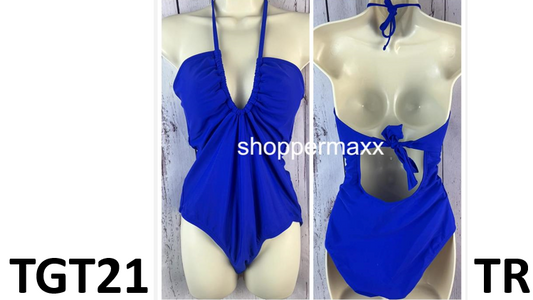 WOMEN'S HALTER KEYHOLE BANDEAU ONE PIECE SWIMSUIT- SHADE & SHORE, BLUE, M (8-10)