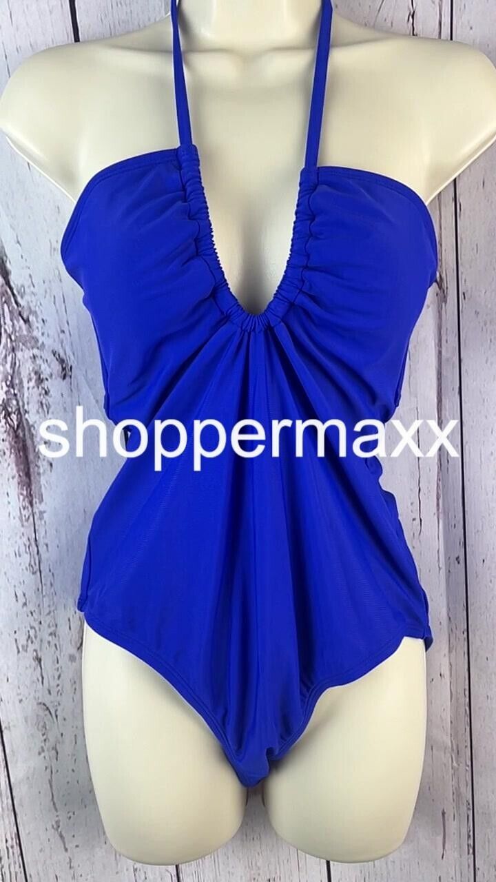 WOMEN'S HALTER KEYHOLE BANDEAU ONE PIECE SWIMSUIT- SHADE & SHORE, BLUE, M (8-10)