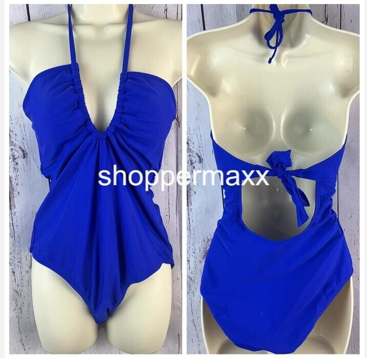 WOMEN'S HALTER KEYHOLE BANDEAU ONE PIECE SWIMSUIT- SHADE & SHORE, BLUE, M (8-10)
