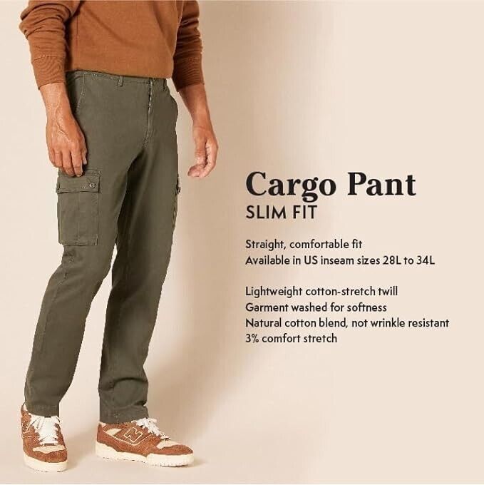 Essentials Men's Slim-fit Stretch Cargo Pant, Tapered Leg, Black, 40W x 28L
