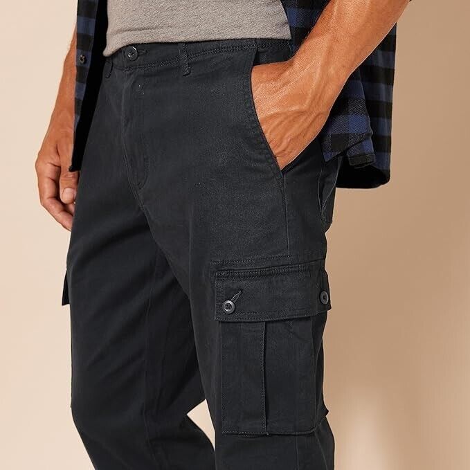 Essentials Men's Slim-fit Stretch Cargo Pant, Tapered Leg, Black, 40W x 28L