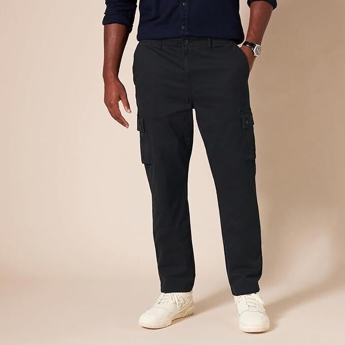 Essentials Men's Slim-fit Stretch Cargo Pant, Tapered Leg, Black, 40W x 28L