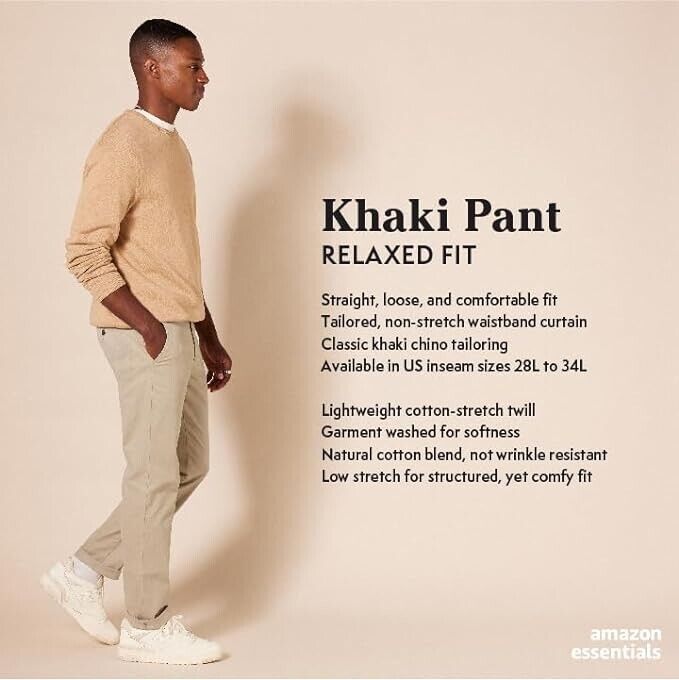 Essentials Men's Relaxed-Fit Casual Stretch, Cotton, Khaki brown, 34W x 33L