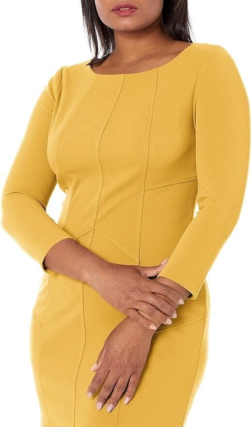 Calvin Klein Women's Petite Round Neck Fitted Long Sleeve Sheath Dress, Cream, 4
