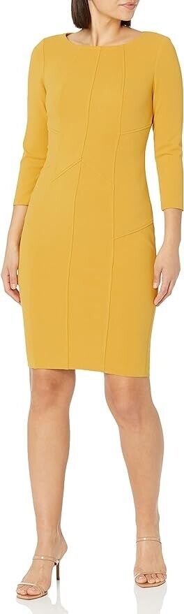 Calvin Klein Women's Petite Round Neck Fitted Long Sleeve Sheath Dress, Cream, 4