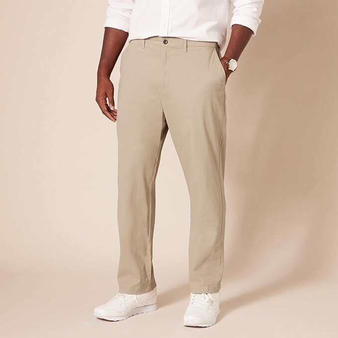 Essentials Men's Relaxed-Fit Casual Stretch, Cotton, Khaki brown, 34W x 33L