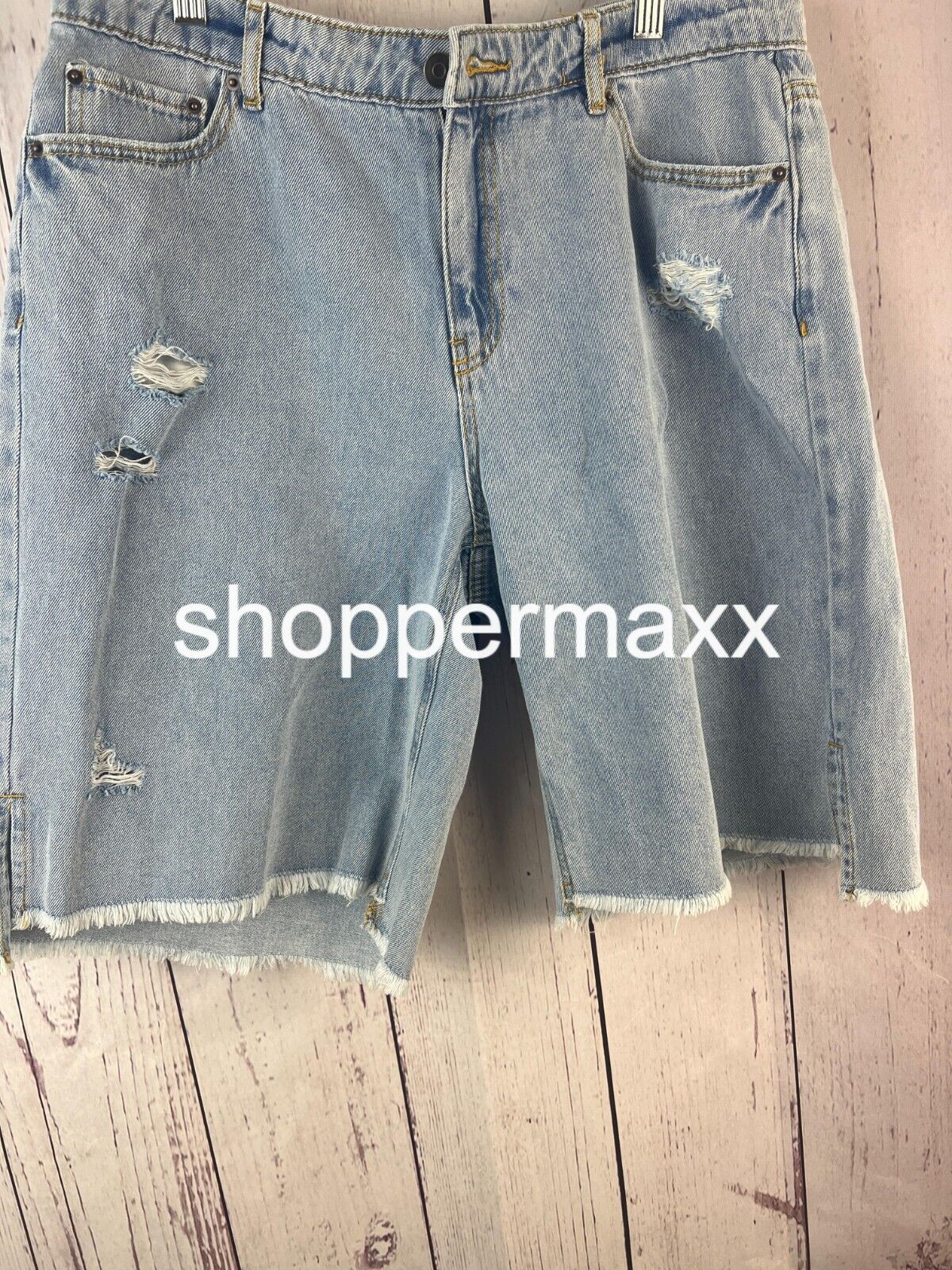 Women Lightly Distressed Bermuda Denim Shorts-Future Collective, Medium Wash, 12