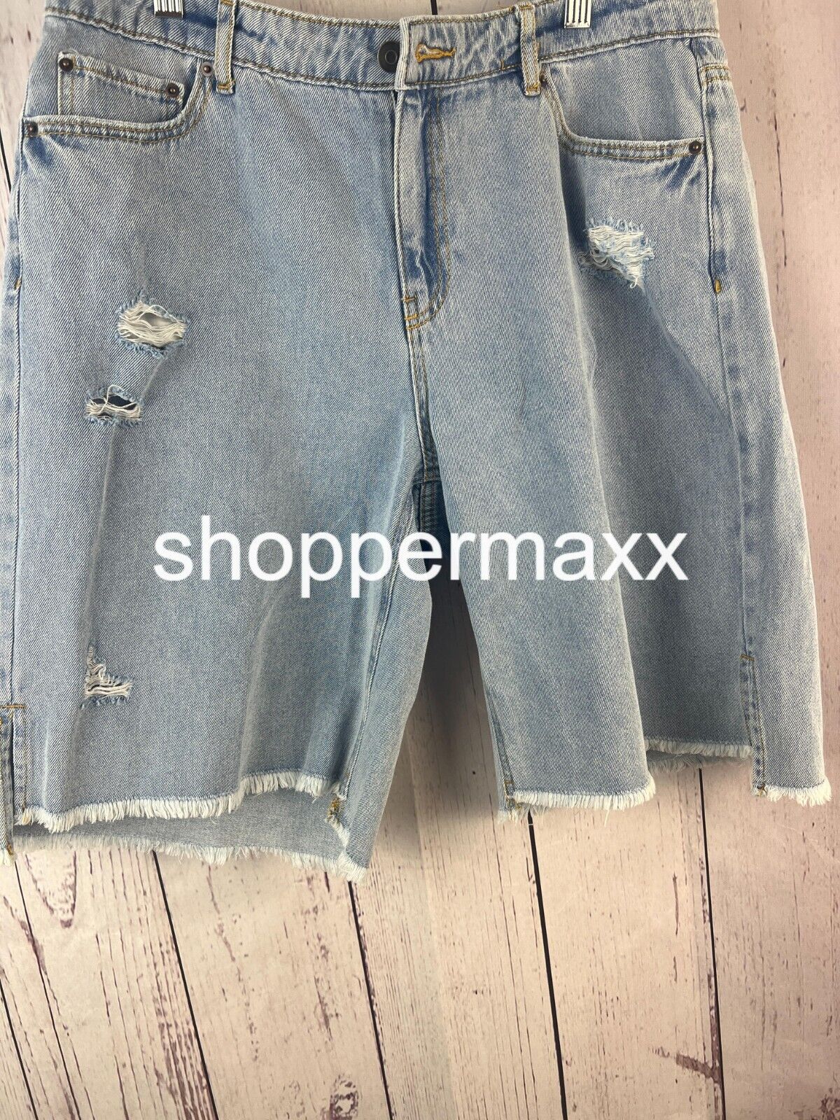 Women Lightly Distressed Bermuda Denim Shorts-Future Collective, Medium Wash, 12