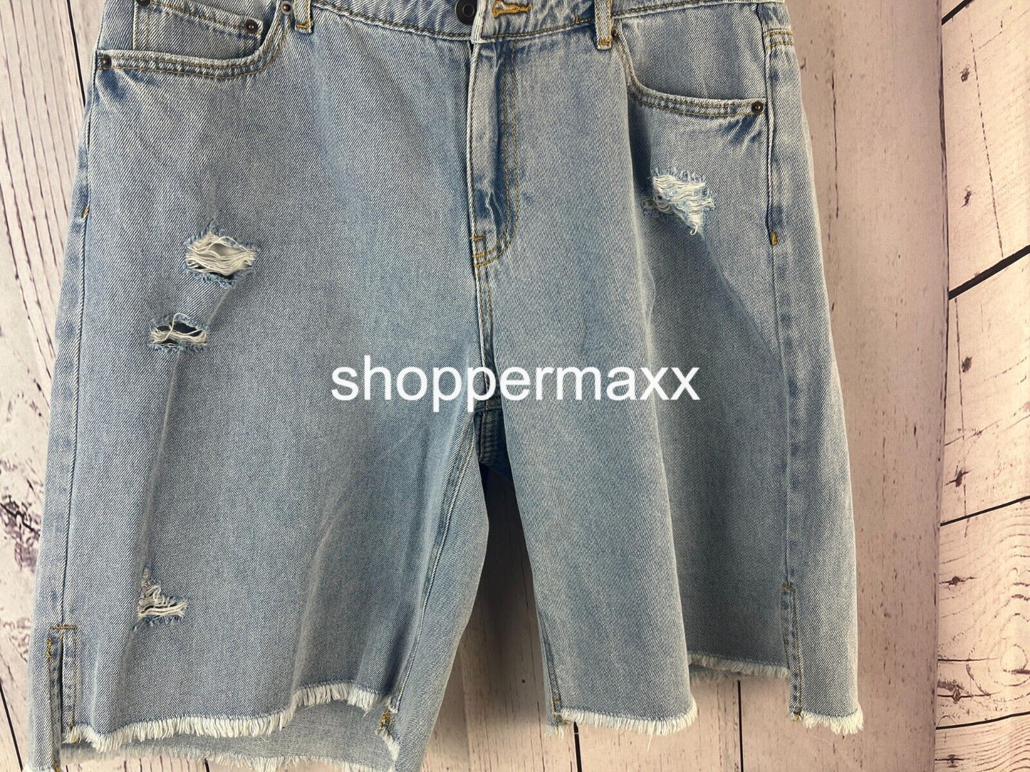 Women Lightly Distressed Bermuda Denim Shorts-Future Collective, Medium Wash, 12