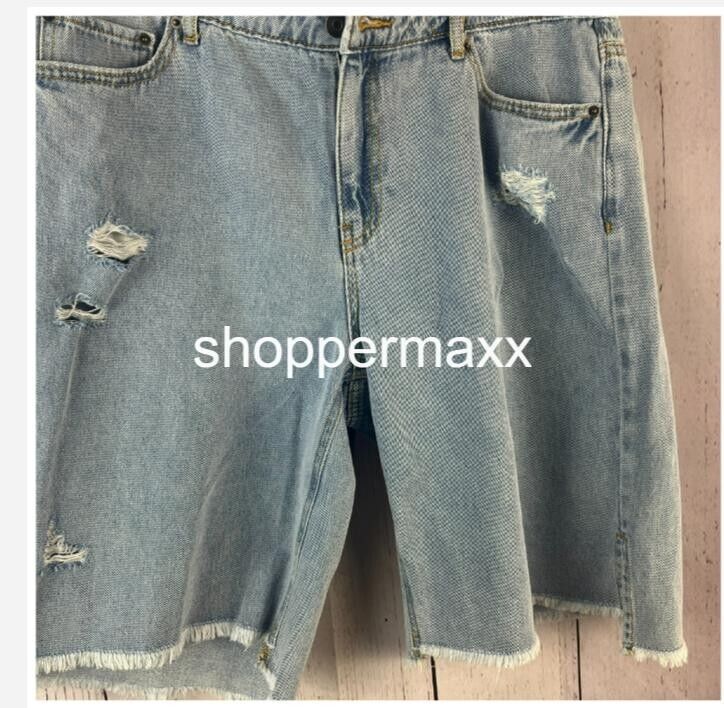 Women Lightly Distressed Bermuda Denim Shorts-Future Collective, Medium Wash, 12