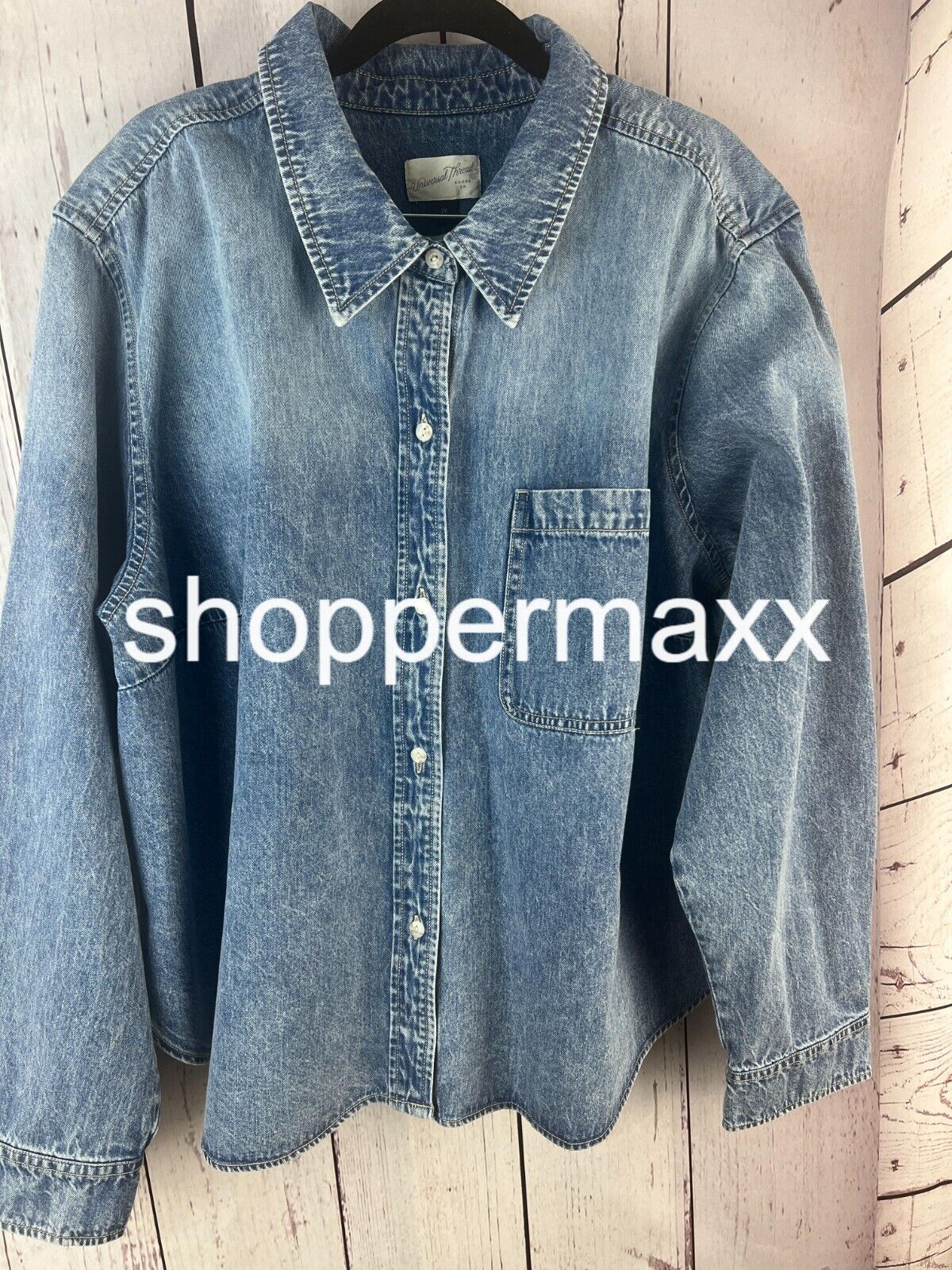 Women Long Sleeve Collared Cropped Button-Down Shirt-Universal Thread Indigo, 2X