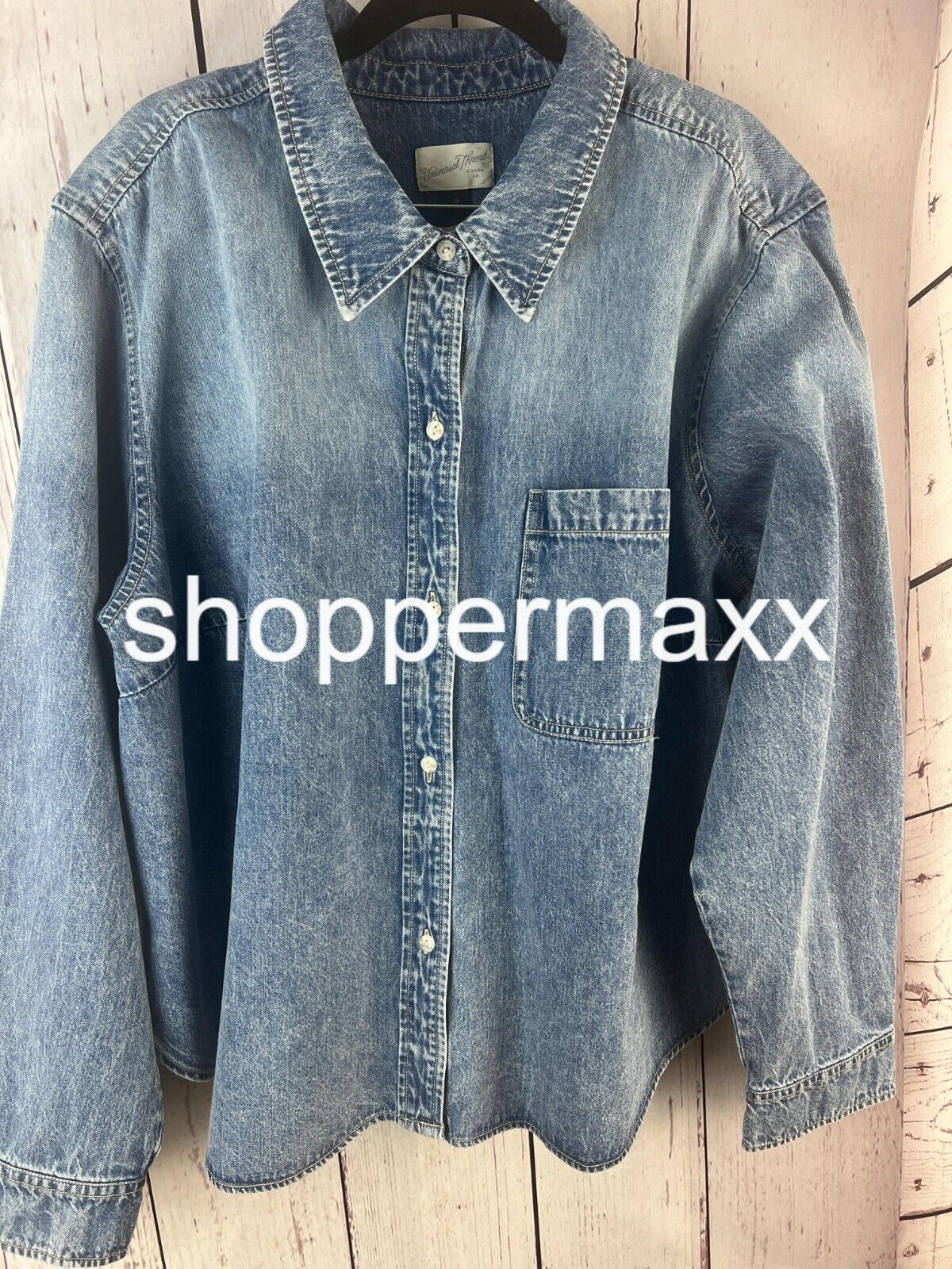 Women Long Sleeve Collared Cropped Button-Down Shirt-Universal Thread Indigo, 2X