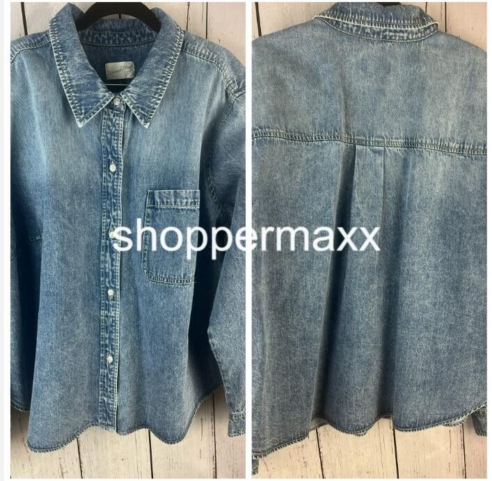 Women Long Sleeve Collared Cropped Button-Down Shirt-Universal Thread Indigo, 2X