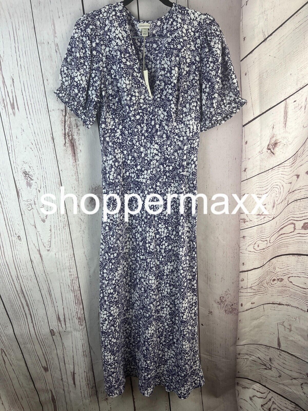 Women's Crepe Puff Short Sleeve Midi Dress - A New Day, Navy Blue Floral, Size S