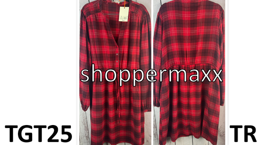 Women's Long Sleeve Plaid A-Line Dress - Knox Rose, Red , Size-XL